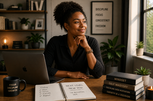 Woman sitting in her  home office thinking of success